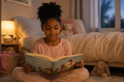 Young Girl Reading Picture Book at Bedtime