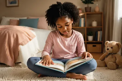 Young Girl Reading Picture Book Indoors