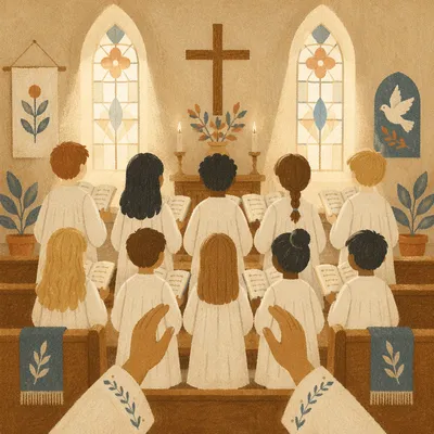 Children Church Choir Singing in White Robes