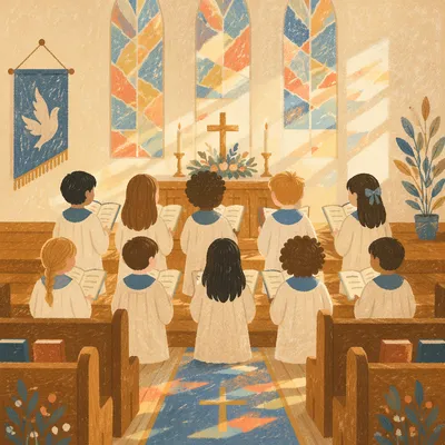 Children's Church Choir Singing in White Robes