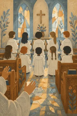 Children Choir Singing in White Robes