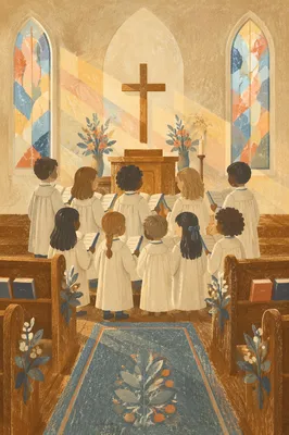 Children Church Choir Singing in White Robes