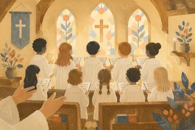 Children Church Choir Singing in White Robes