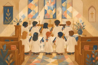 Children's Church Choir Singing in White Robes
