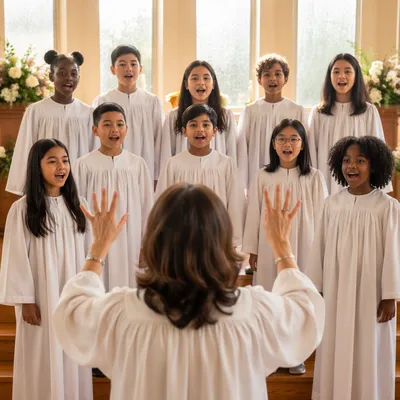 Diverse Children Church Choir Singing in Chapel