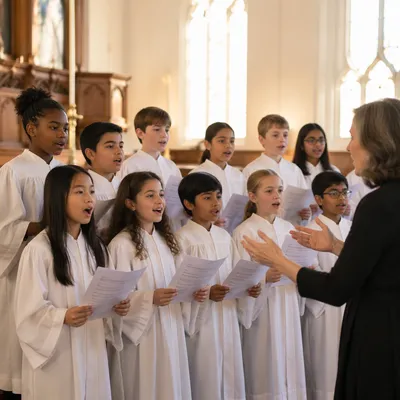 Diverse Children Choir Singing in Church