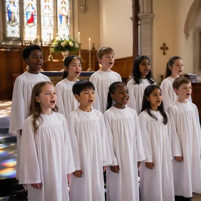 Diverse Children Choir Singing in White Robes