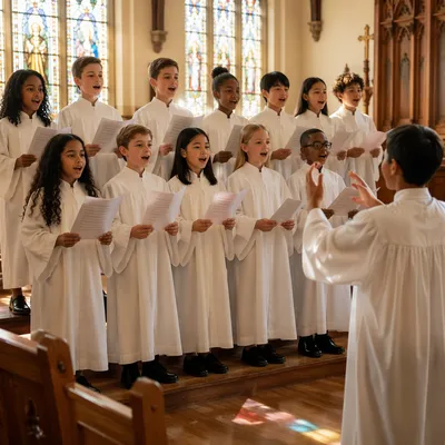 Diverse Children Choir Singing in Church