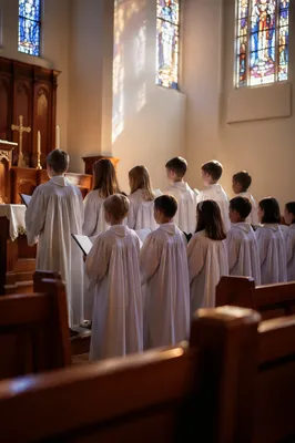 Children Church Choir Singing in White Robes