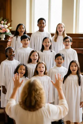 Diverse Children Church Choir Singing in Chapel