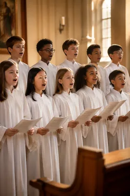 Diverse Children Choir Singing in White Robes
