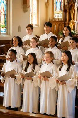 Children Choir Singing in Bright Church