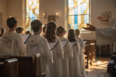 Children Choir Singing in White Robes