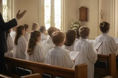 Children Church Choir Singing in White Robes