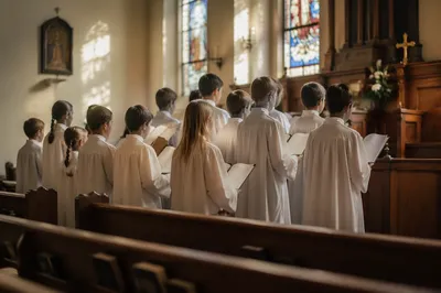 Children Church Choir Singing in White Robes