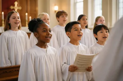 Children Choir Singing in Bright Church