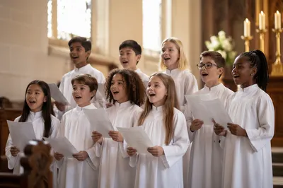 Children Choir Singing in Church Interior