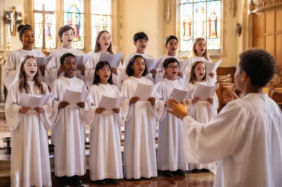 Children Choir Singing in Bright Church