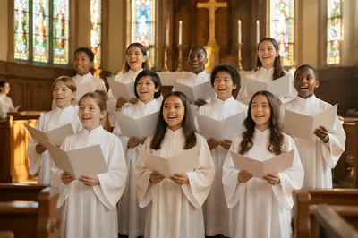 Children Choir Singing in Bright Church