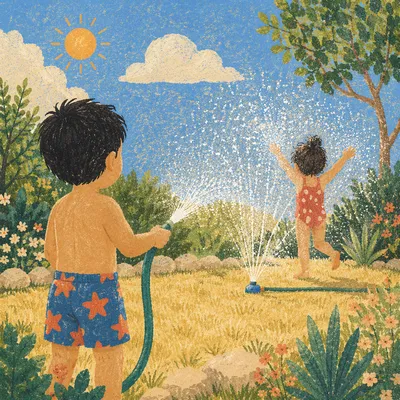 Children Playing in Summer Sprinkler Yard