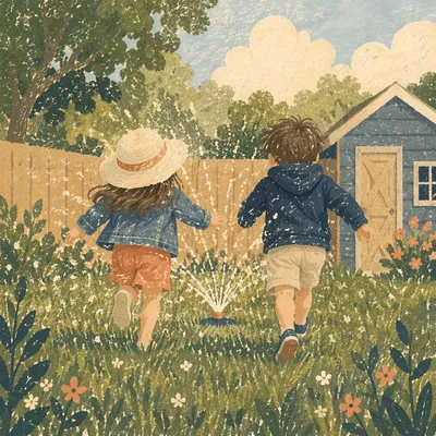 Children Playing in Summer Sprinkler Yard