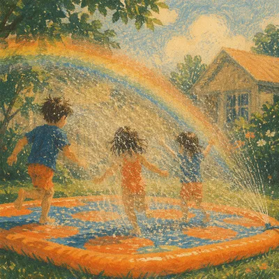 Children Playing in Summer Sprinkler Yard