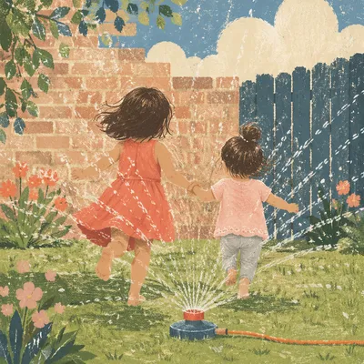 Joyful Children Running Through Summer Sprinkler