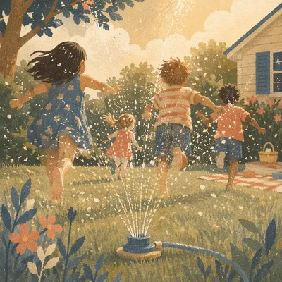 Children Playing in Summer Sprinkler Yard