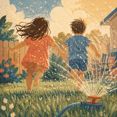 Children Playing in Summer Sprinkler Yard