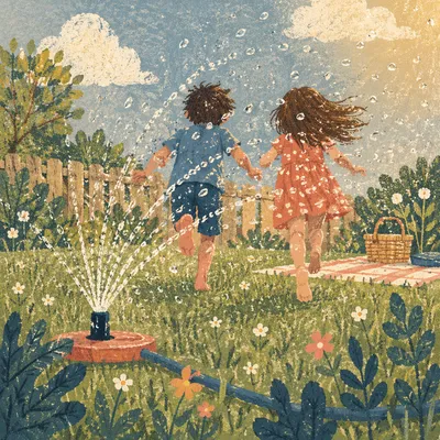Joyful Children Running Through Summer Sprinkler