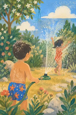 Children Playing in Summer Backyard Sprinkler