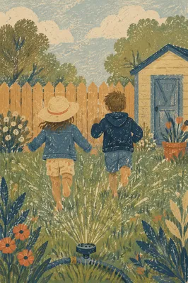 Children Playing in Summer Sprinkler Yard