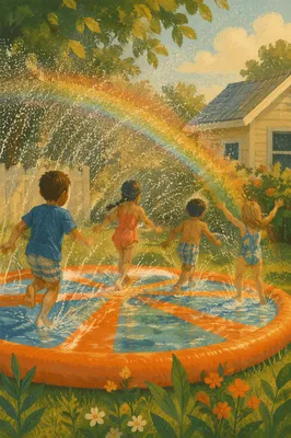 Children Running Through Summer Sprinkler Rainbow