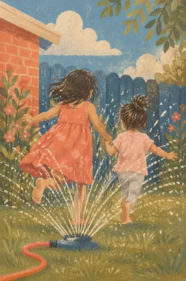 Joyful Children Running Through Summer Sprinkler