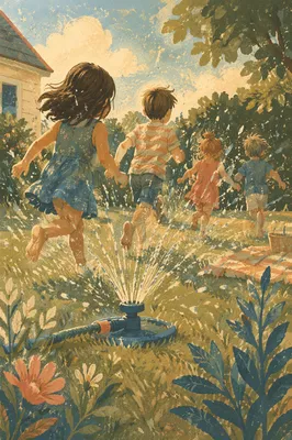 Children Playing in Summer Sprinkler Yard