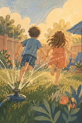 Joyful Children Running Through Summer Sprinkler
