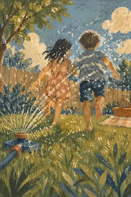 Children Running Through Summer Sprinkler