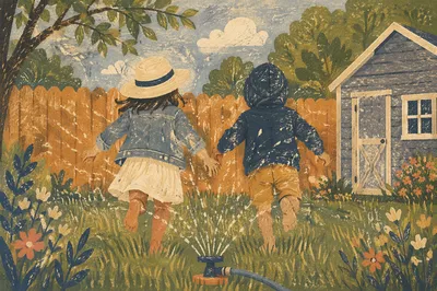 Children Playing in Summer Sprinkler Yard
