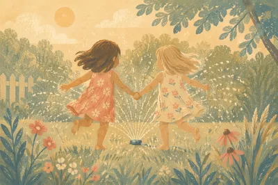 Children Running Through Summer Sprinkler Yard