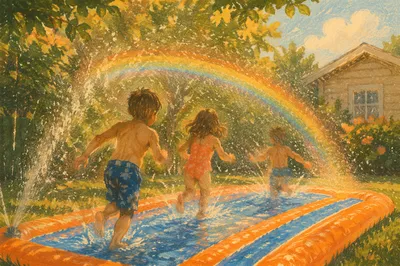 Children Playing in Summer Sprinkler Yard