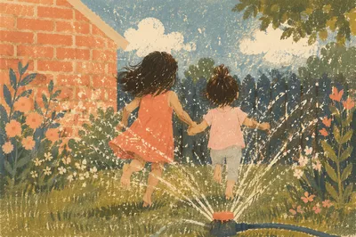 Joyful Children Running Through Summer Sprinkler