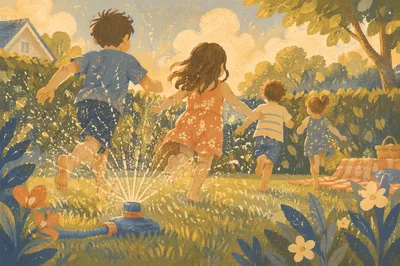Children Running Through Summer Sprinkler