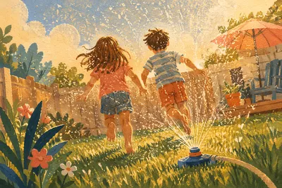 Children Playing in Summer Sprinkler Yard