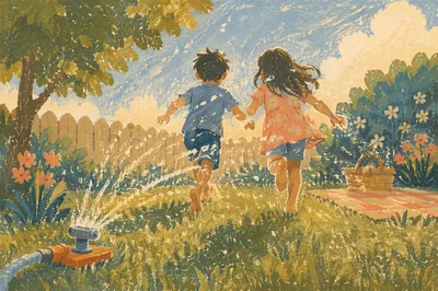 Joyful Children Running Through Summer Sprinkler