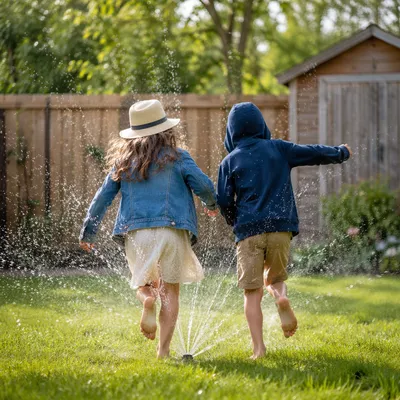 Children Running Through Backyard Sprinkler
