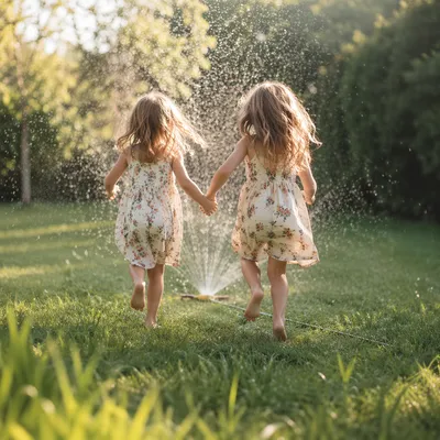 Children Running Through Summer Backyard Sprinkler