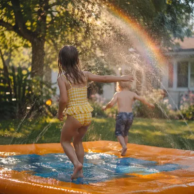 Children Playing in Summer Sprinkler Rainbow