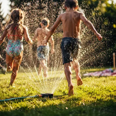 Children Playing in Summer Sprinkler Yard