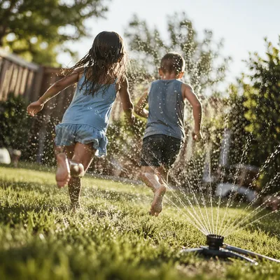 Children Running Through Summer Sprinkler