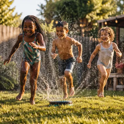 Children Running Through Backyard Sprinkler